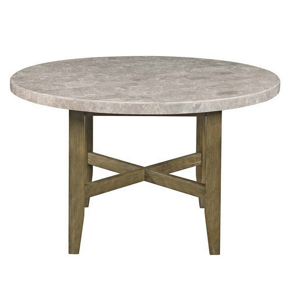 52 Inch Wood Round Dining Table Marble Surface Tapered Legs Rich Brown By Casagear Home BM296880