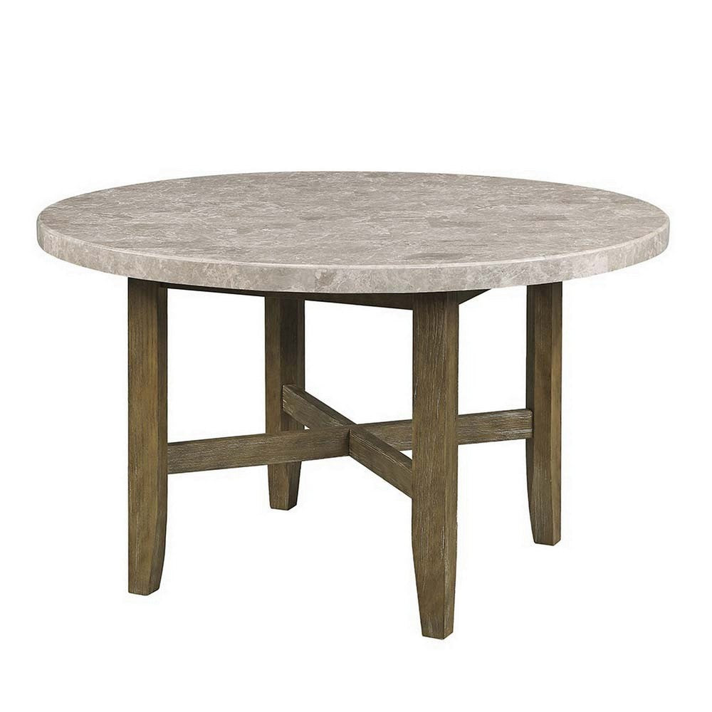 52 Inch Wood Round Dining Table, Marble Surface, Tapered Legs, Rich Brown By Casagear Home