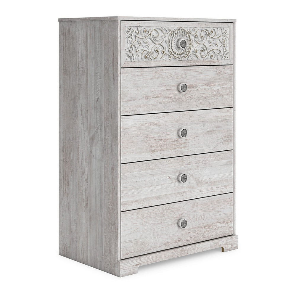 46 Inch 5 Drawer Modern Tall Dresser Chest Whitewashed Carved Design Wood By Casagear Home BM296907