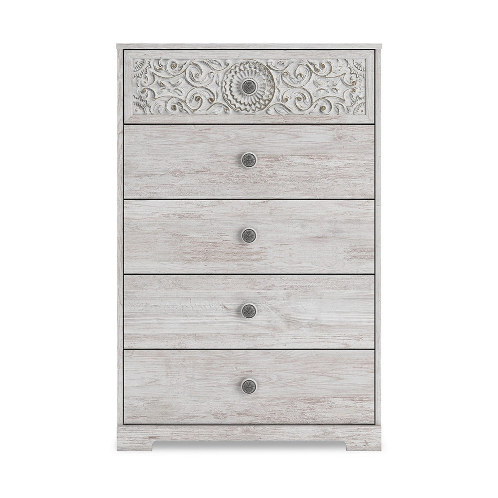 46 Inch 5 Drawer Modern Tall Dresser Chest Whitewashed Carved Design Wood By Casagear Home BM296907