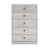 46 Inch 5 Drawer Modern Tall Dresser Chest Whitewashed Carved Design Wood By Casagear Home BM296907