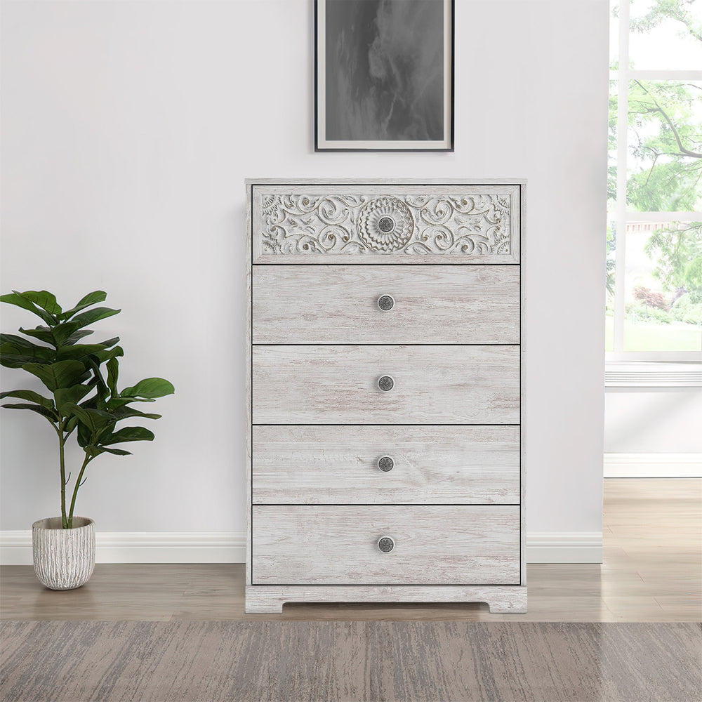 46 Inch 5 Drawer Modern Tall Dresser Chest, Whitewashed Carved Design Wood By Casagear Home