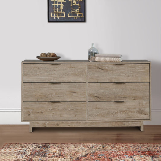 Fervor 59 Inch Dresser, 6 Drawers, Brown Wood Frame, Brushed Nickel Handles By Casagear Home