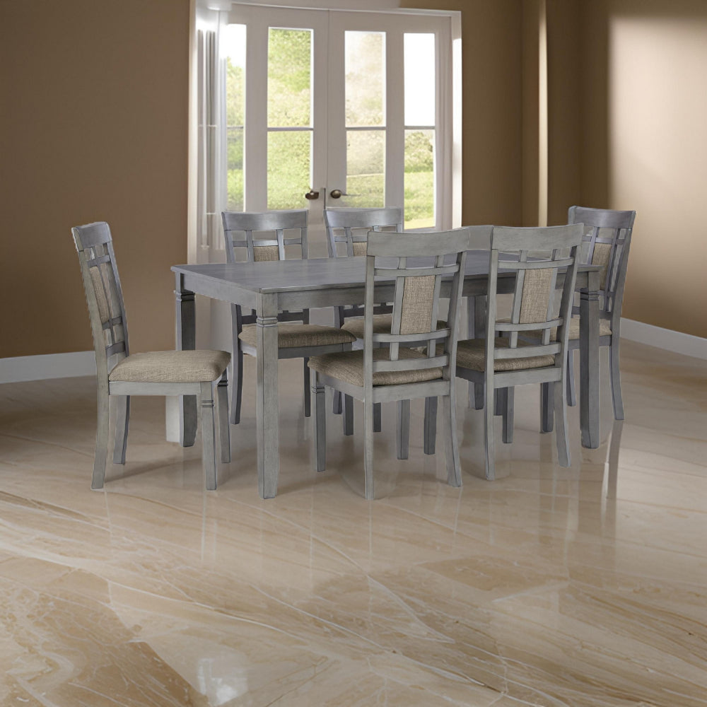 7 Piece Dining Table Set Lattice Back Chairs Light Gray Wood Polyester By Casagear Home BM297005