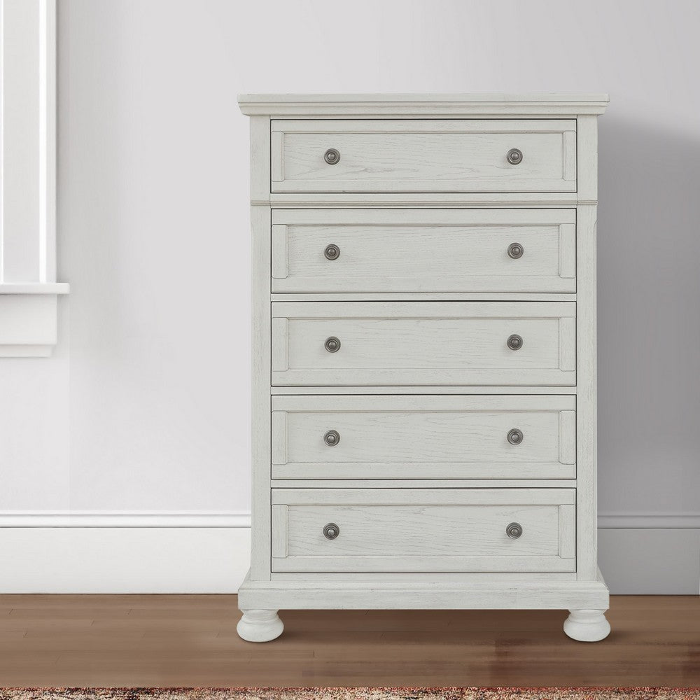 Kith 58 Inch 5 Drawer Tall Dresser Chest Classic White Wood Bun Feet By Casagear Home BM297031