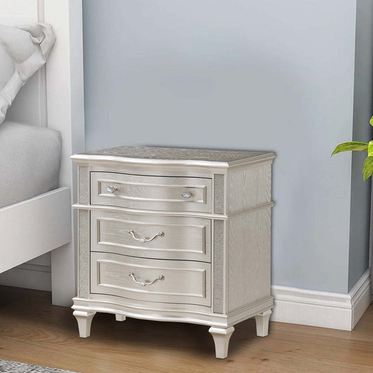 Inz 32 Inch 3 Drawer Nightstand, Elegant Trim Details, Silver Finish  By Casagear Home