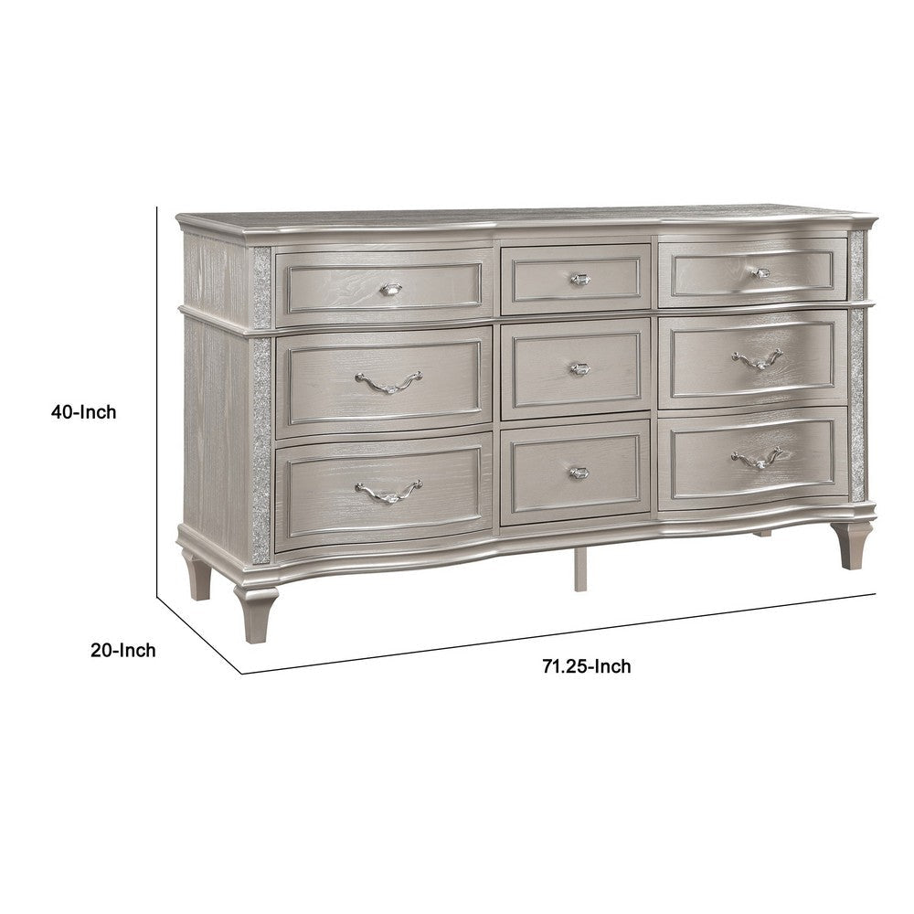 Inz 71 Inch 9 Drawer Wide Dresser Elegant Trim Details Classic Silver By Casagear Home BM297262