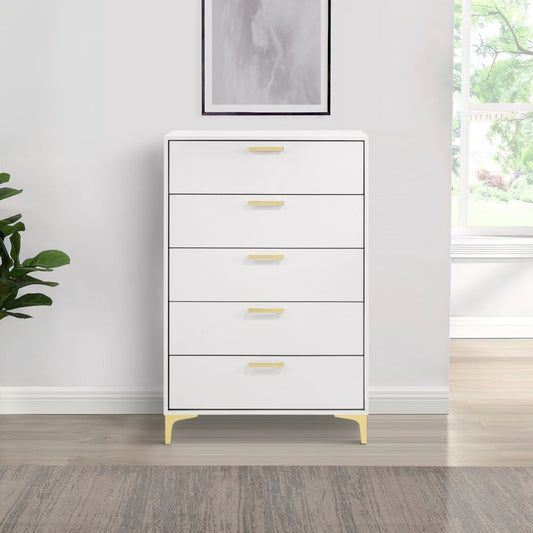 Lif 50 Inch Modern 5 Drawer Tall Dresser Chest, Gold Accents, Smooth White By Casagear Home