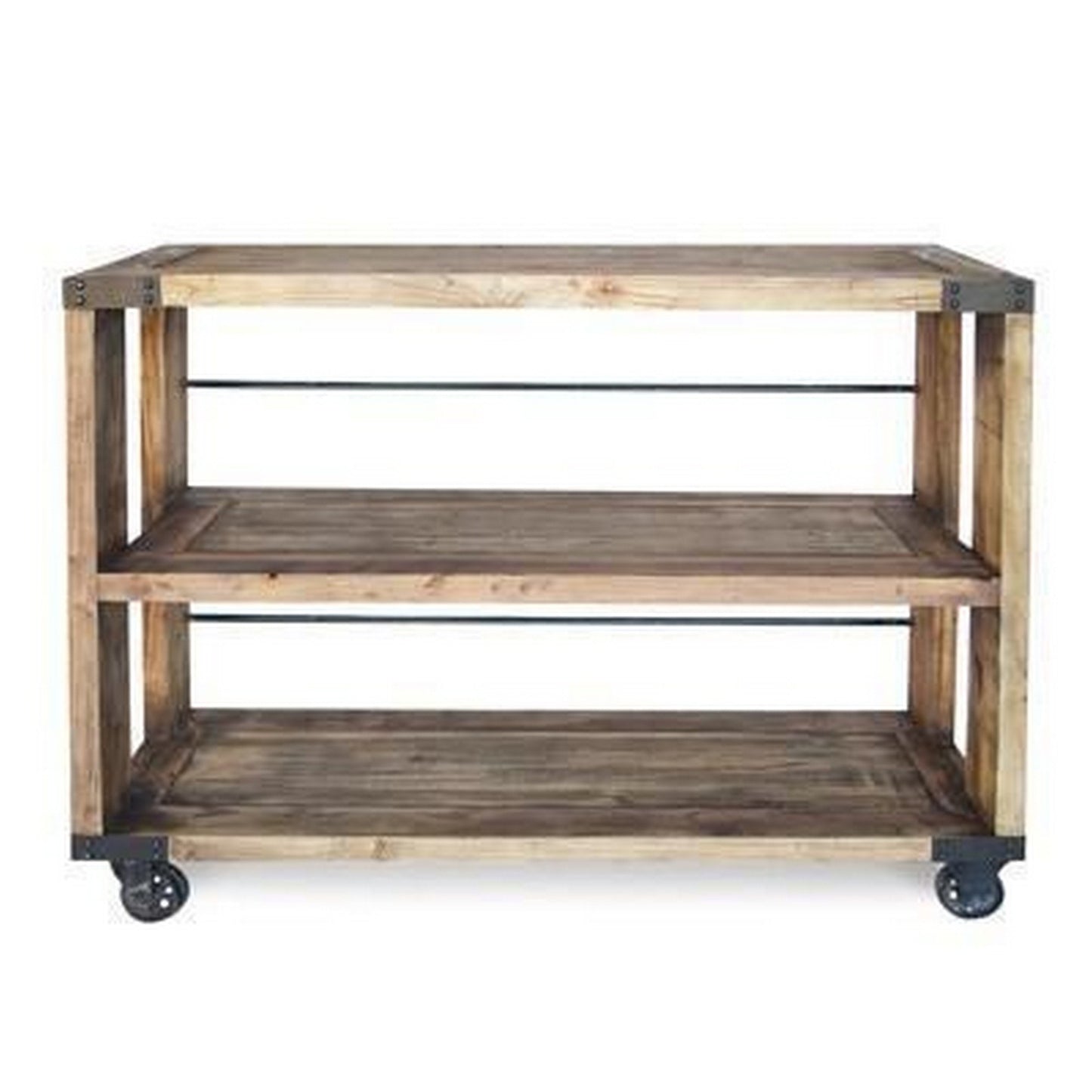 Sinu 47 Inch Console Table 2 Shelves Rolling Wheels Reclaimed Brown Wood By Casagear Home BM297290