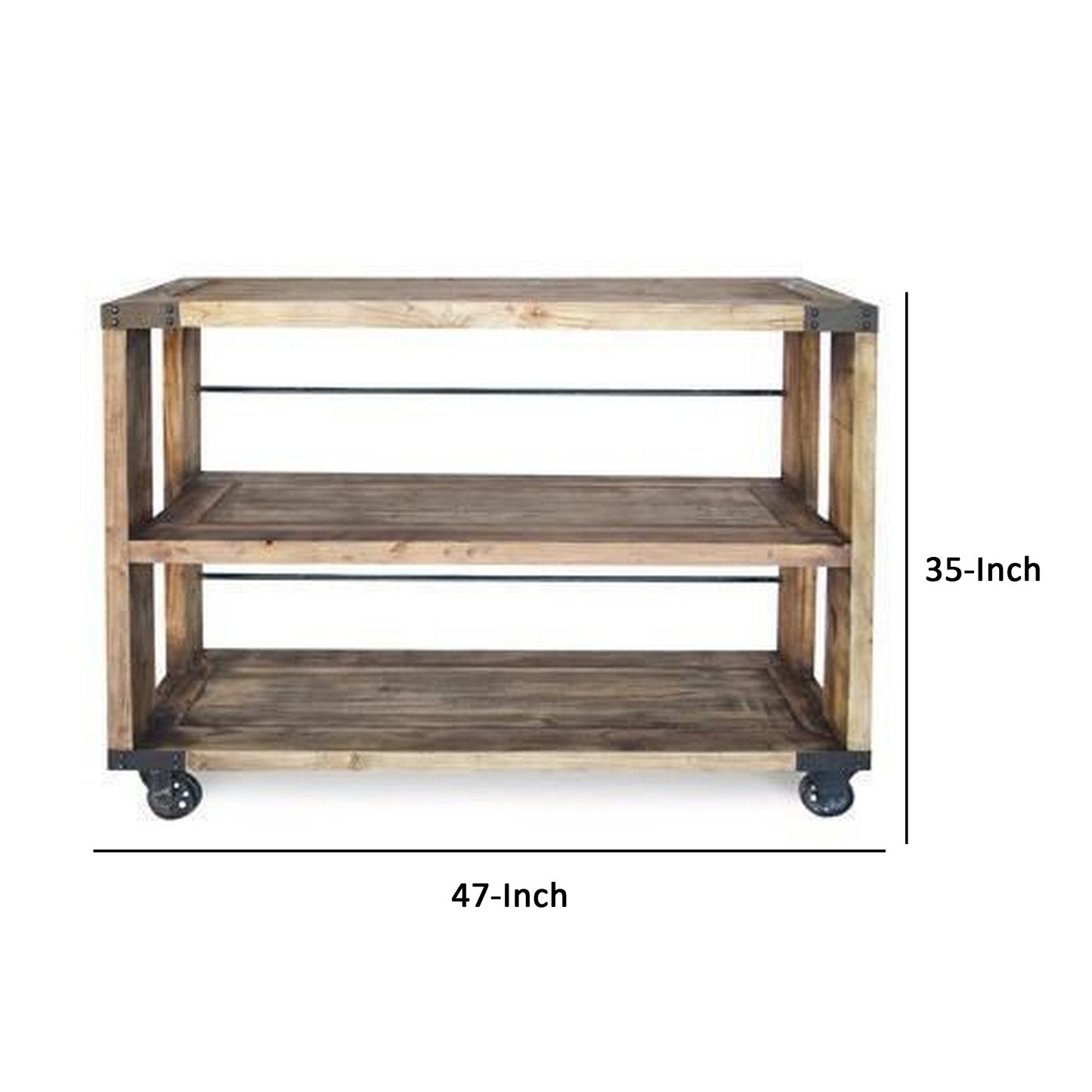 Sinu 47 Inch Console Table 2 Shelves Rolling Wheels Reclaimed Brown Wood By Casagear Home BM297290