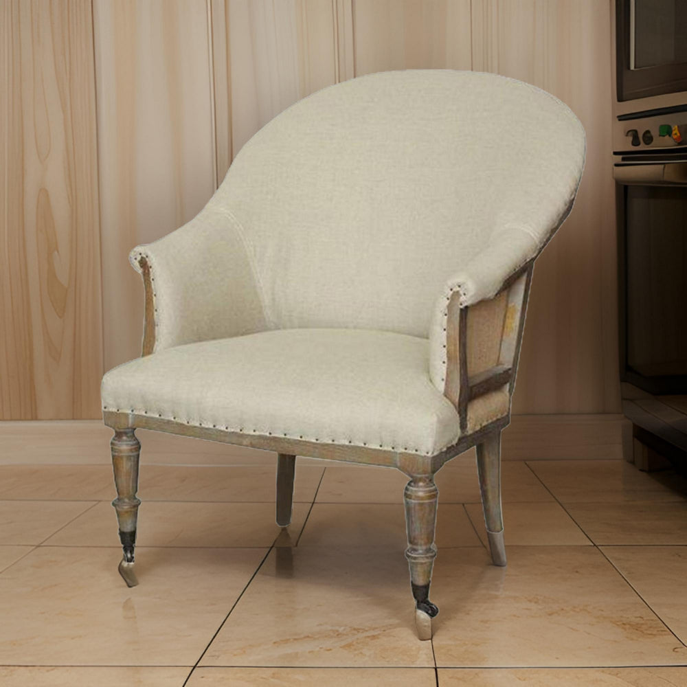 36 Inch Library Accent Armchair, Handcrafted Wood Frame, Padded Cream Linen By Casagear Home