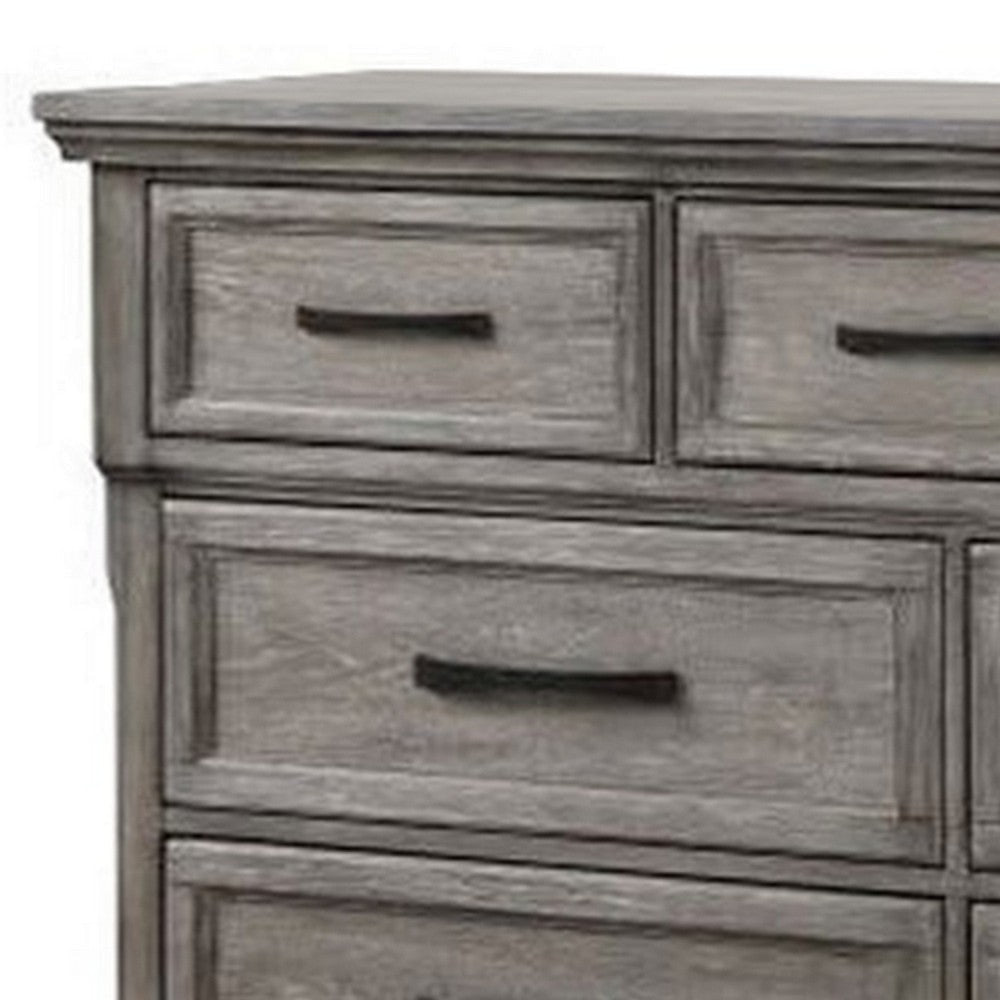 Demi 65 Inch Wood Dresser with 7 Drawers Metal Bar Handles Oak Gray By Casagear Home BM298950