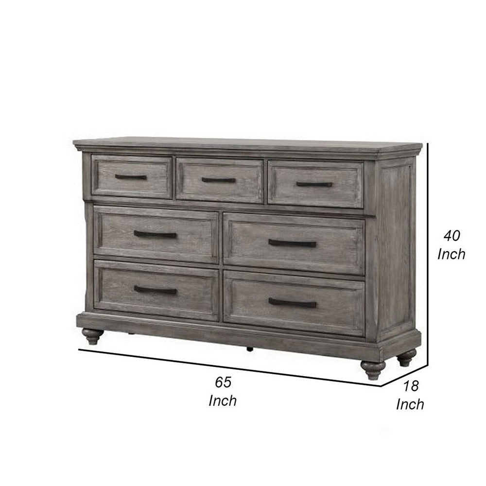 Demi 65 Inch Wood Dresser with 7 Drawers Metal Bar Handles Oak Gray By Casagear Home BM298950