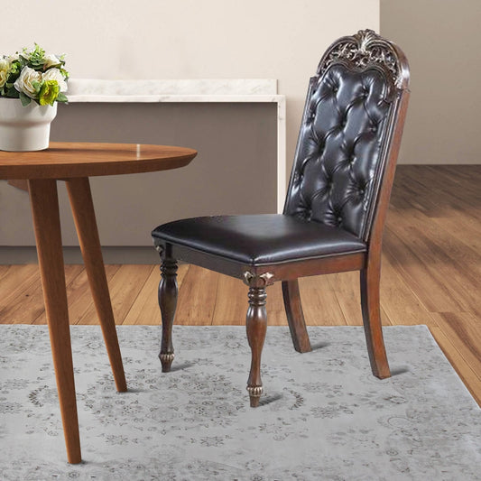 Kipp 25 Inch Set of 2 Armless Dining Chairs, Brown Wood, Black Faux Leather By Casagear Home