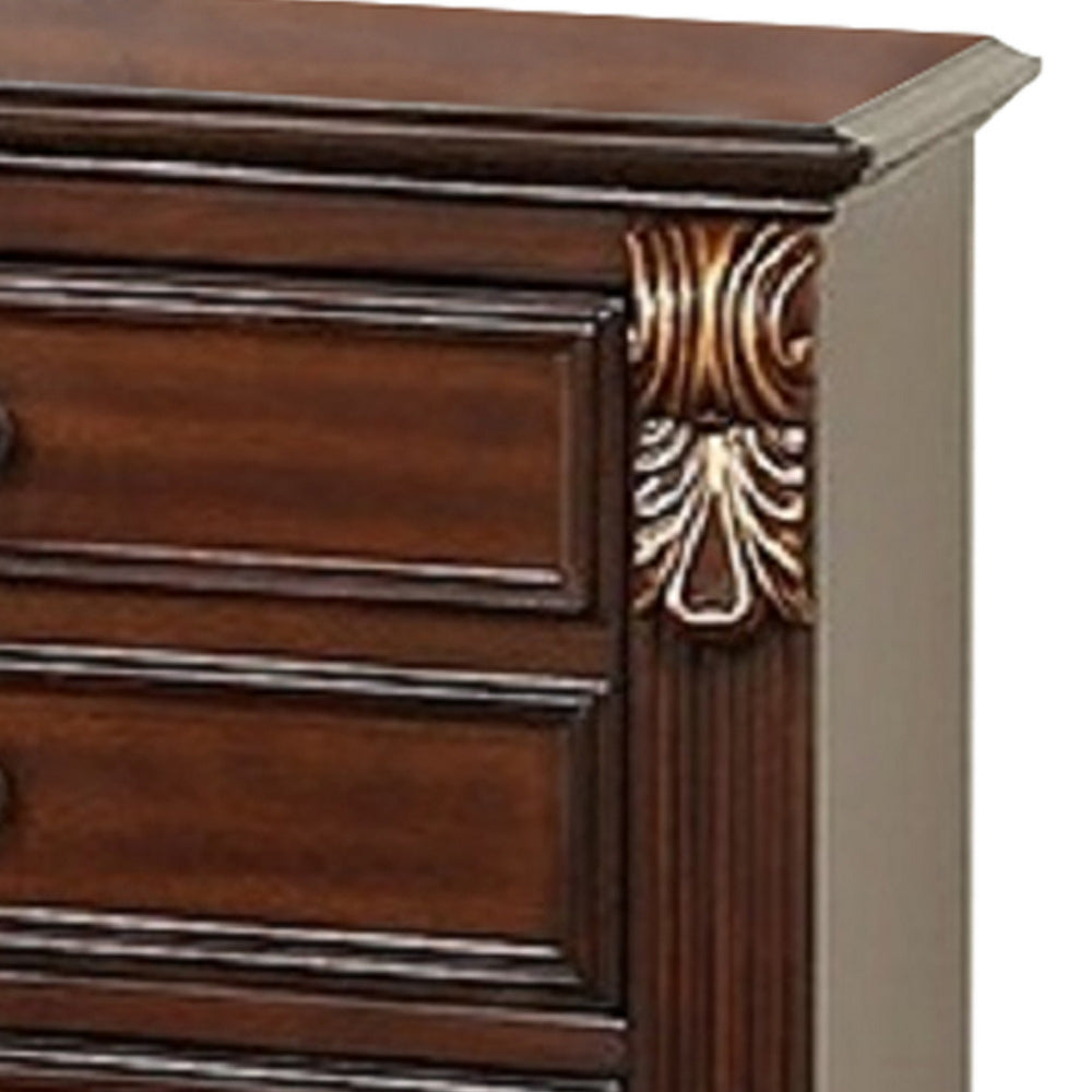 Miri 25 Inch 3 Drawer Nightstand Brass Carved Accents Cherry Oak Brown By Casagear Home BM298961