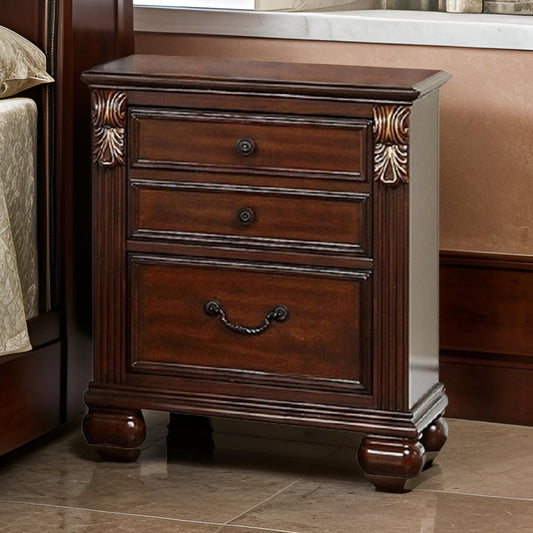 Miri 25 Inch 3 Drawer Nightstand, Brass Carved Accents, Cherry Oak Brown By Casagear Home