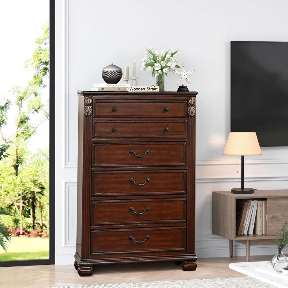 Miri 51 Inch 6 Drawer Tall Dresser Chest Brass Carved Cherry Oak Brown By Casagear Home BM298963