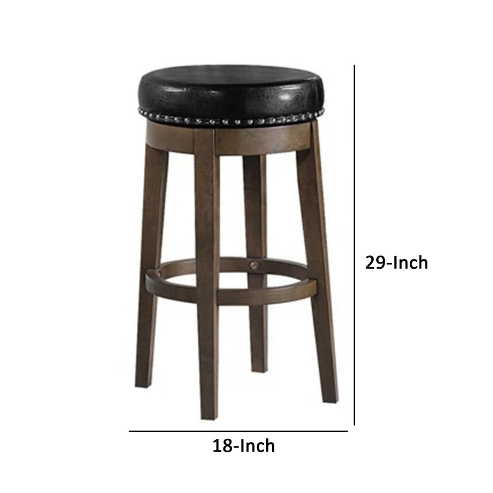 Drue 29 Inch Set of 2 Swivel Barstools Nailhead Trim Black Faux Leather By Casagear Home BM298968