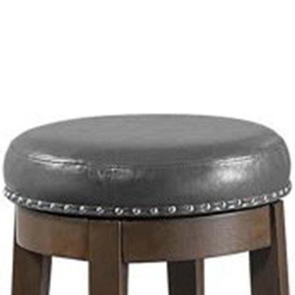 Drue 24 Inch Set of 2 Swivel Counter Stools Brown Wood Gray Faux Leather By Casagear Home BM298970