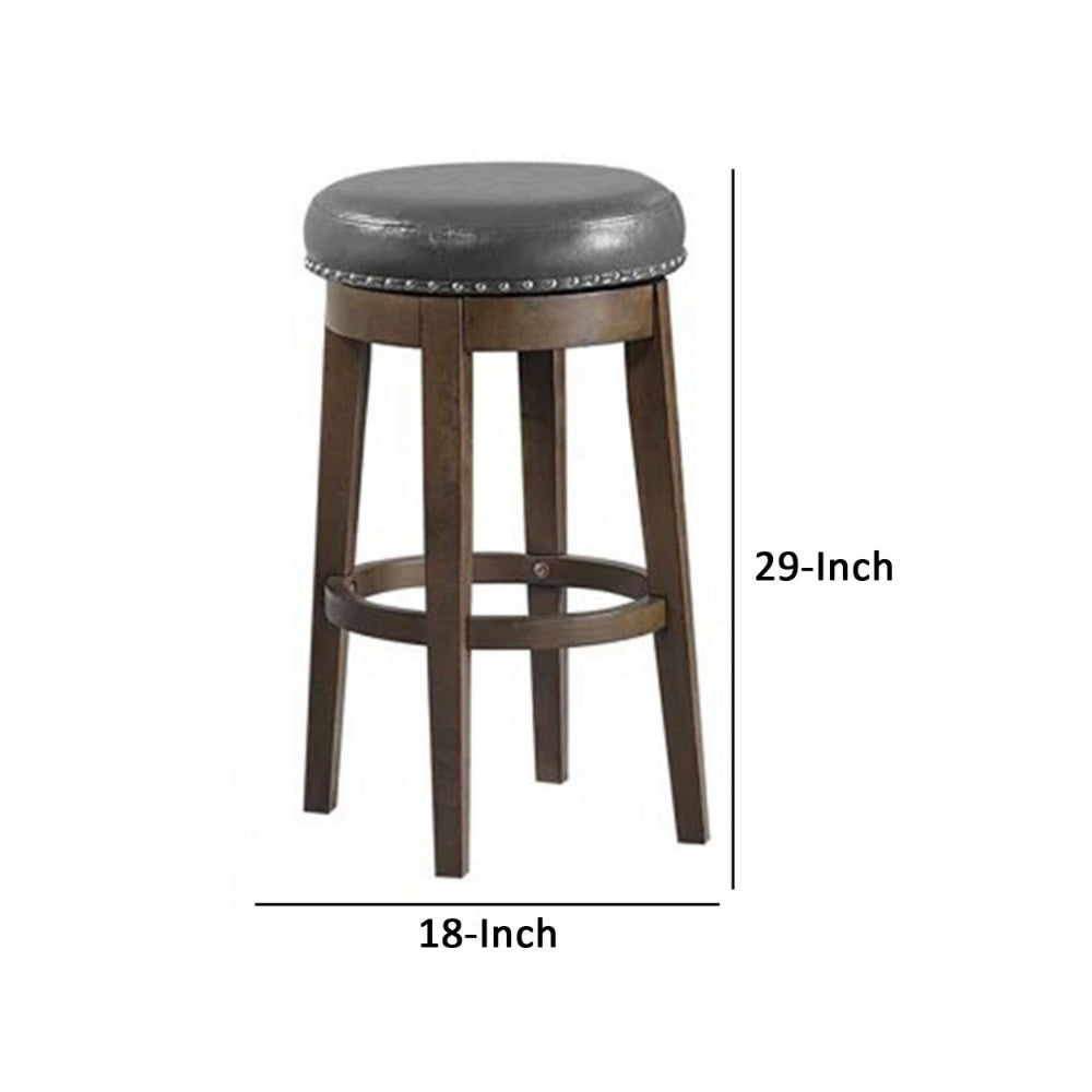 Drue 29 Inch Set of 2 Swivel Barstools Nailhead Trim Gray Faux Leather By Casagear Home BM298971