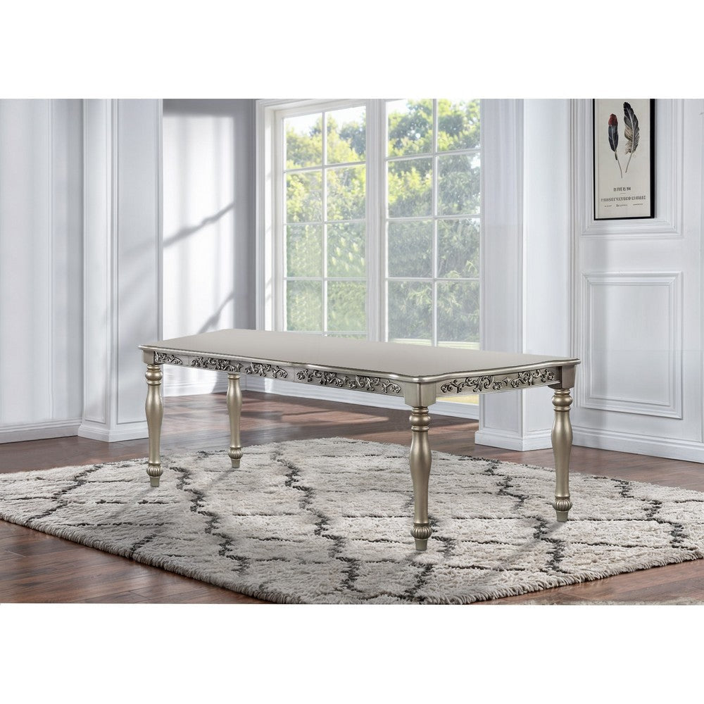 Kipp 72 Inch Rectangular Dining Table Floral Carved Turned Legs Champagne By Casagear Home BM299025