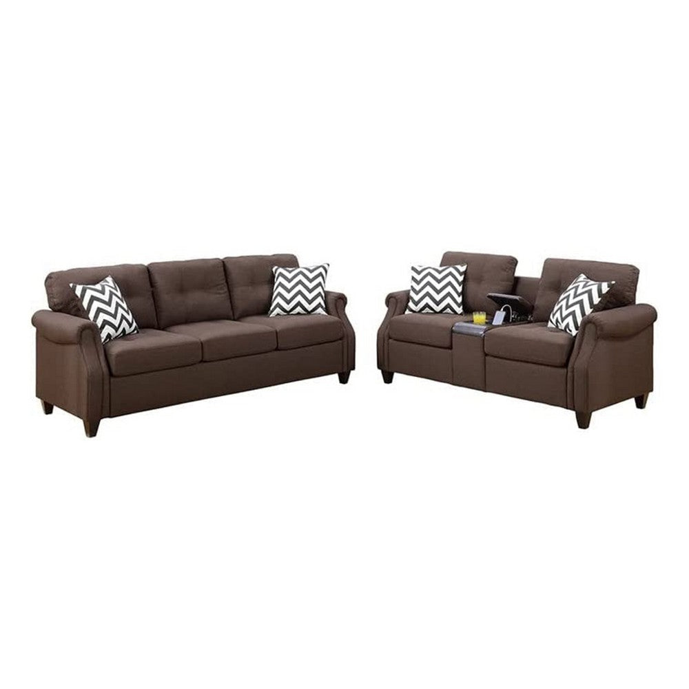 Noa Modern 2 Piece Sofa Loveseat Set, 4 Pillows, USB Ports, Dark Brown  By Casagear Home