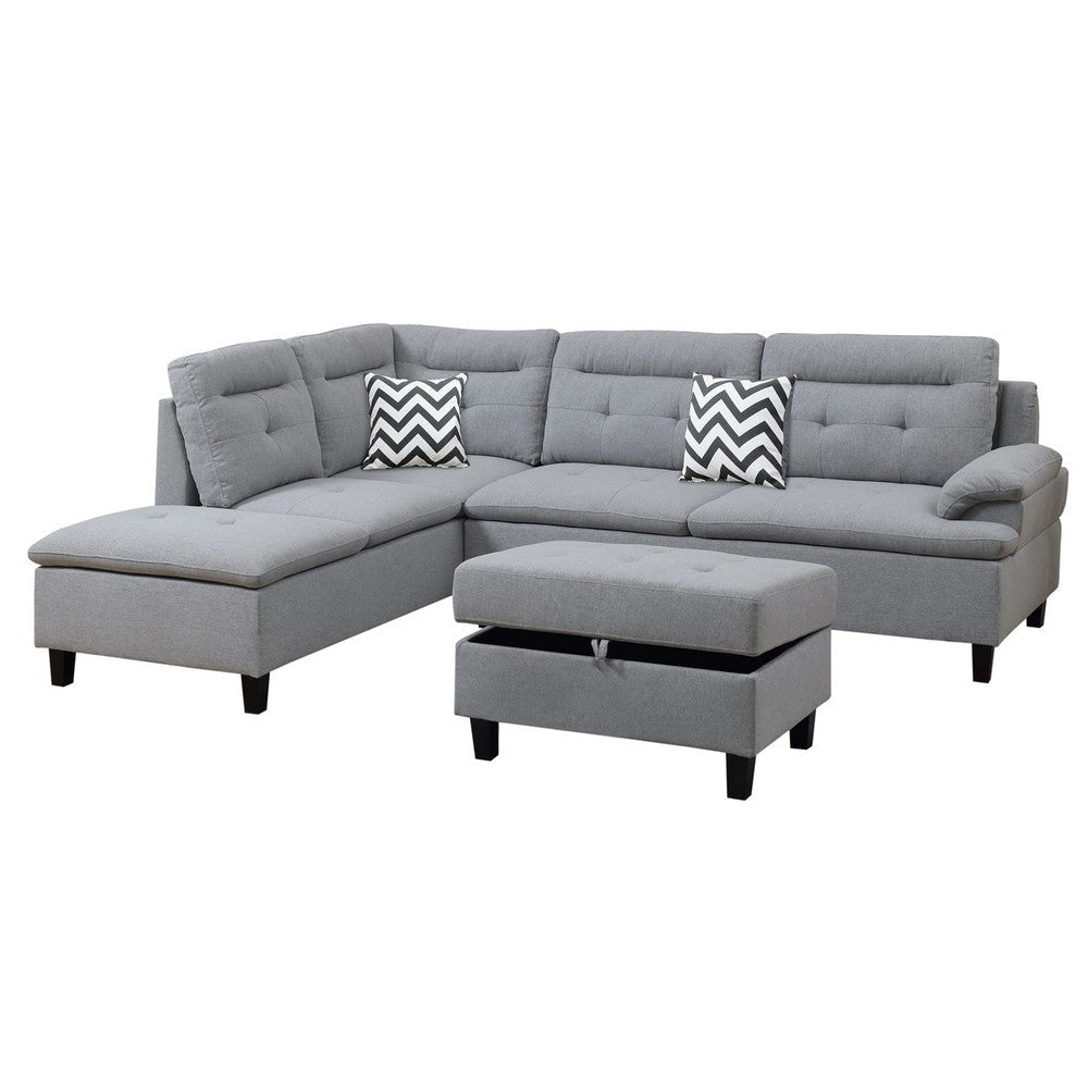 Olga 3 Piece L Shape Sectional Sofa, Ottoman, 2 Pillows, Curved Arms, Gray By Casagear Home