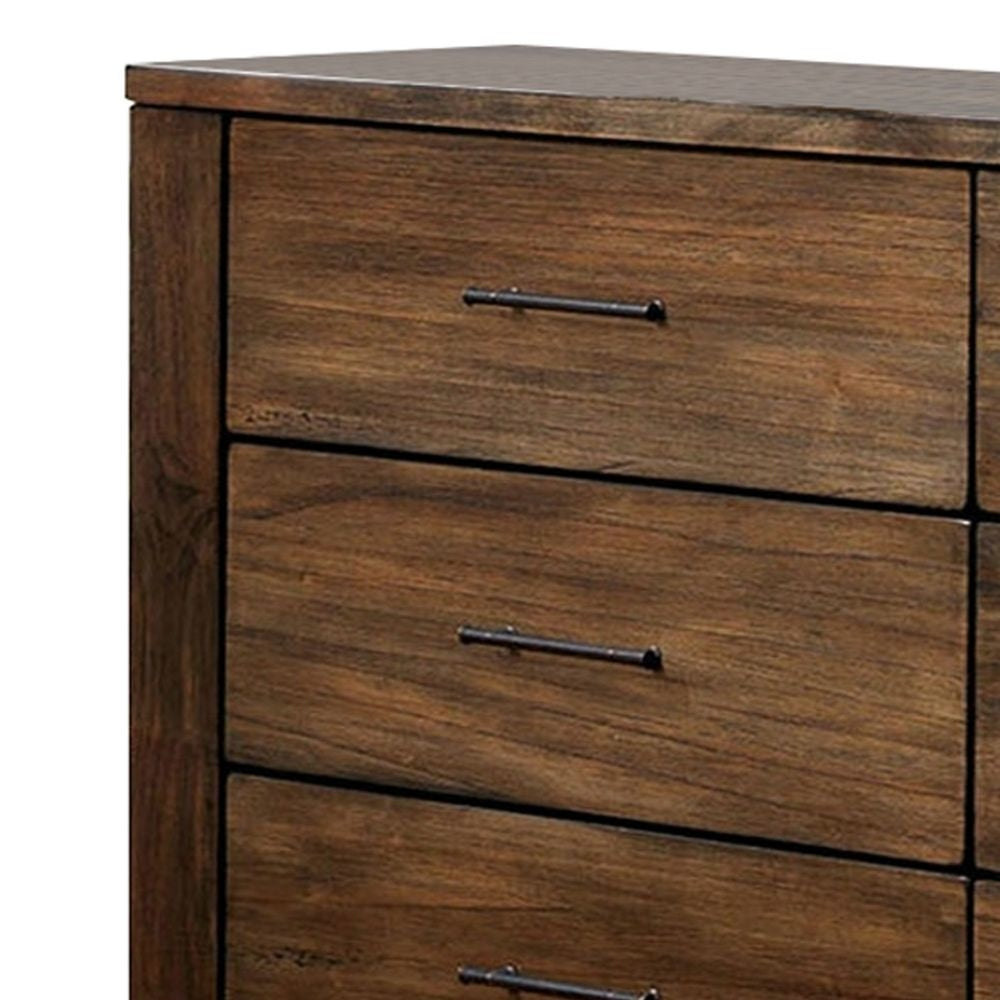 Tiva 59 Inch Wide 6 Drawer Dresser Metal Handles Distressed Oak Brown By Casagear Home BM299082