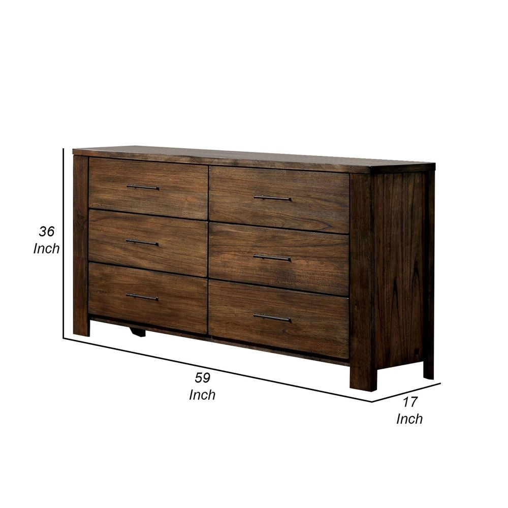 Tiva 59 Inch Wide 6 Drawer Dresser Metal Handles Distressed Oak Brown By Casagear Home BM299082