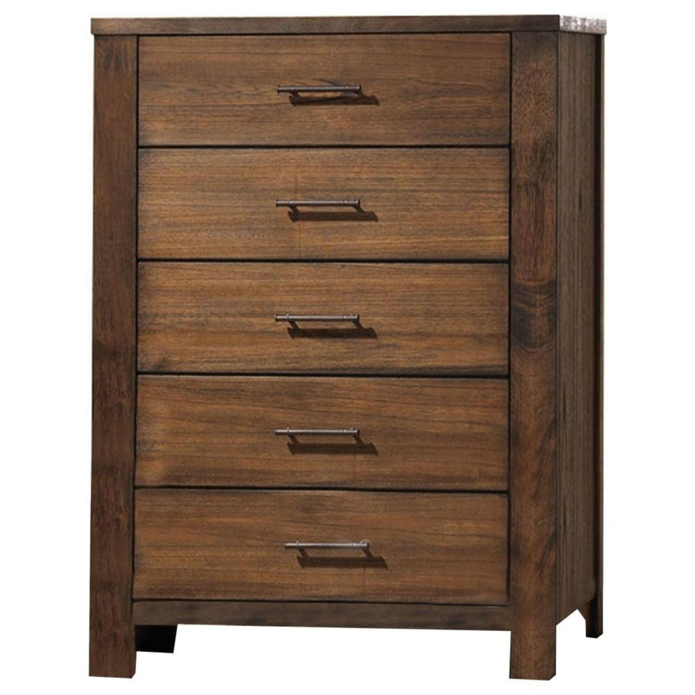 Tiva 48 Inch Tall 5 Drawer Dresser Metal Handles Distressed Oak Brown By Casagear Home BM299083