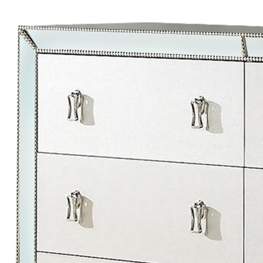 62 Inch Wood Dresser with 6 Drawers Mirror Inlay Tapered Legs Silver By Casagear Home BM299086