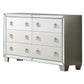 62 Inch Wood Dresser with 6 Drawers, Mirror Inlay, Tapered Legs, Silver By Casagear Home