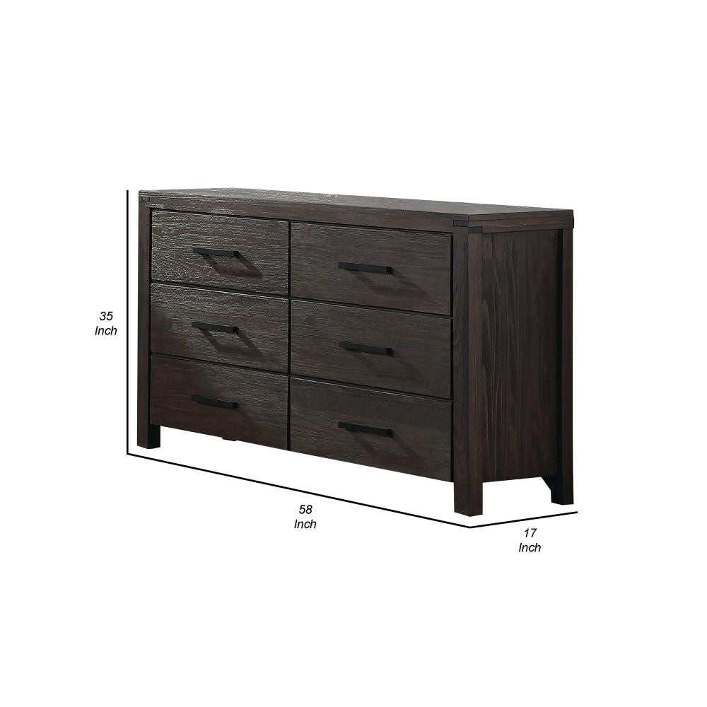 58 Inch Classic Wood Dresser with 6 Drawers Metal Bar Handles Dark Brown By Casagear Home BM299087