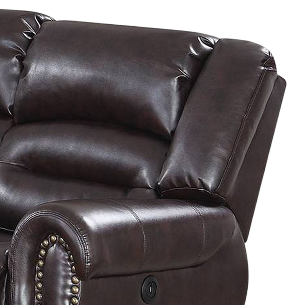 86 Inch Power Recliner Sofa with USB Charging Port Brown Bonded Leather By Casagear Home BM299094