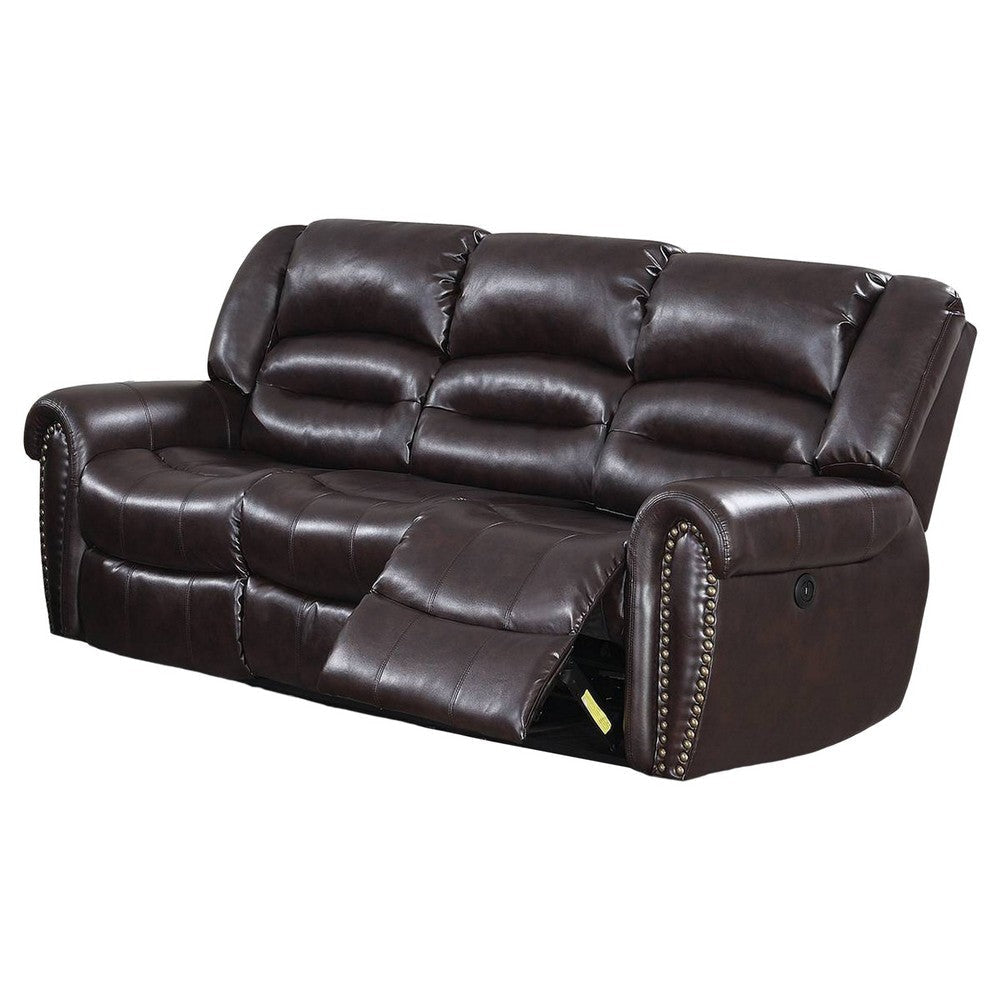 86 Inch Power Recliner Sofa with USB Charging Port, Brown Bonded Leather By Casagear Home