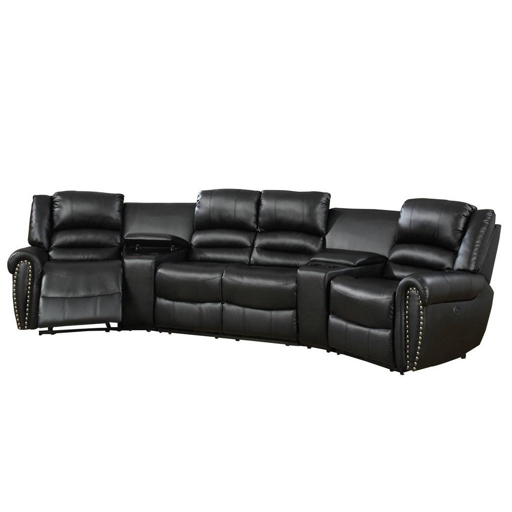 Zib Power Reclining Sectional Sofa Set, USB Port, Bonded Leather, Jet Black By Casagear Home