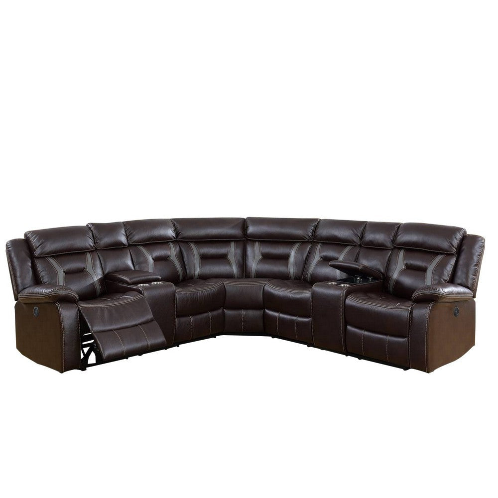 Lof Power Reclining Sectional Sofa Set, USB Port, Brown Gel Faux Leather By Casagear Home