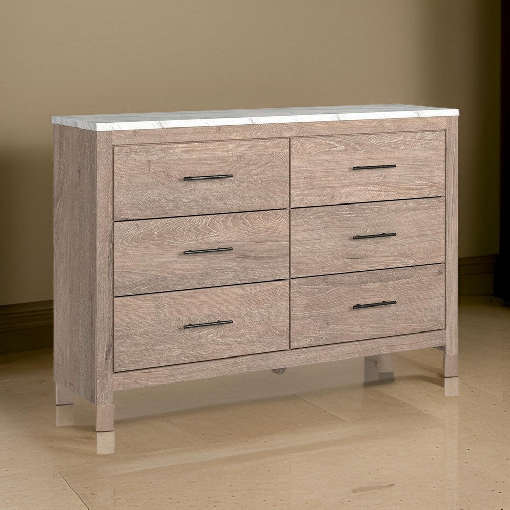 59 Inch Modern Wide Dresser Light Brown Wood 6 Drawers Linear Handles By Casagear Home BM299162