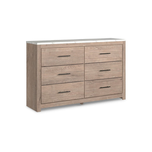 59 Inch Modern Wide Dresser, Light Brown Wood, 6 Drawers, Linear Handles By Casagear Home