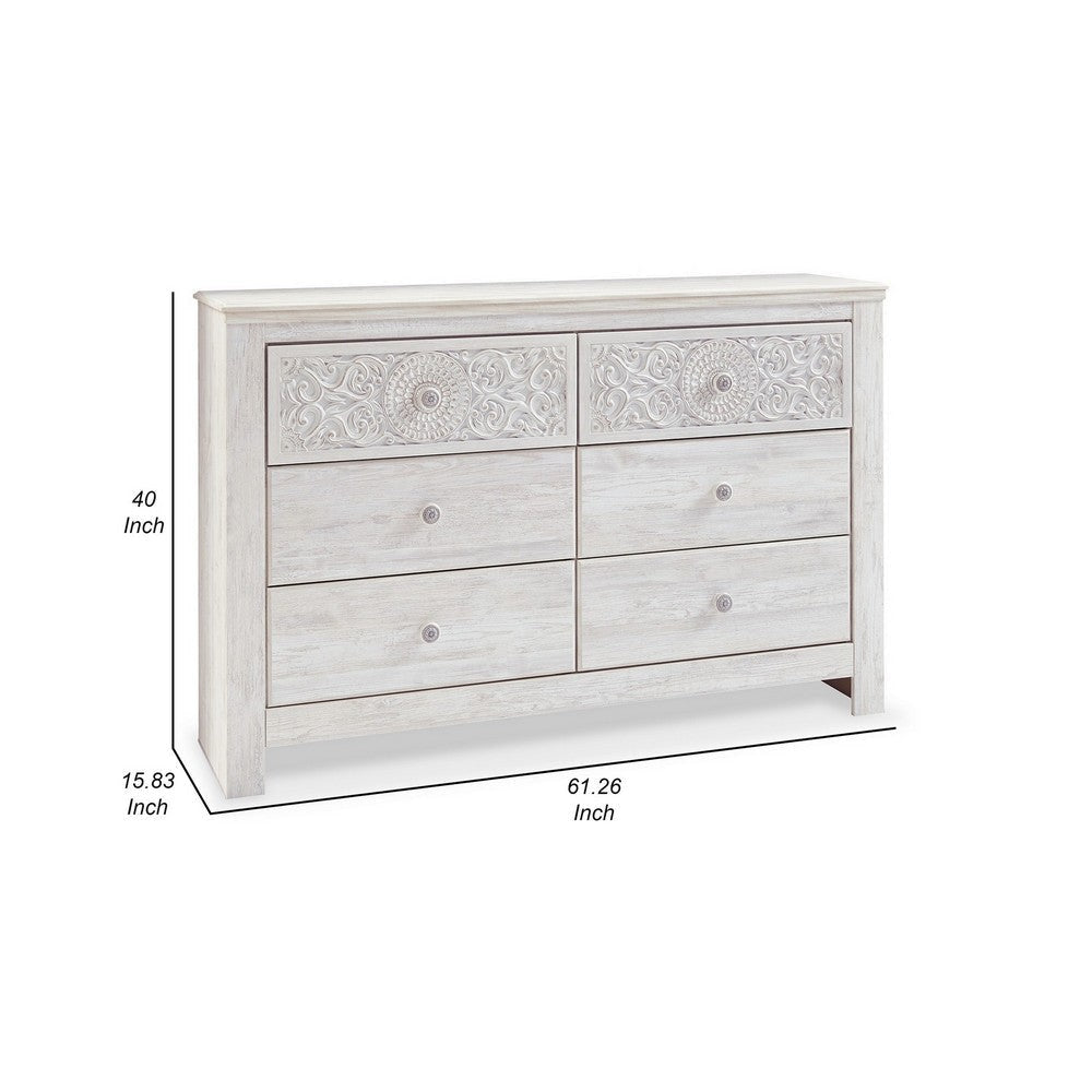 61 Inch Modern Wide Dresser Whitewashed Wood 6 Drawers Medallion Details By Casagear Home BM299165