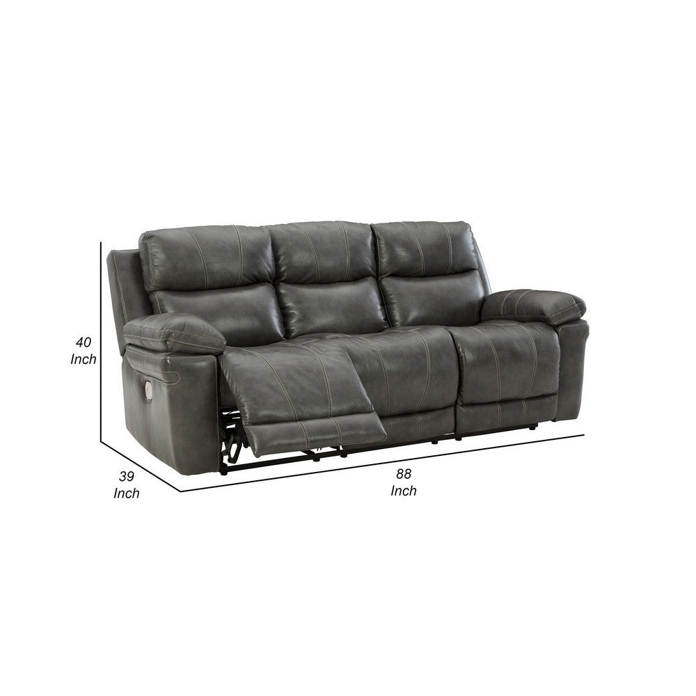 88 Inch Power Reclining Gray Leather Match Sofa Pillow Armrests USB Port By Casagear Home BM299173