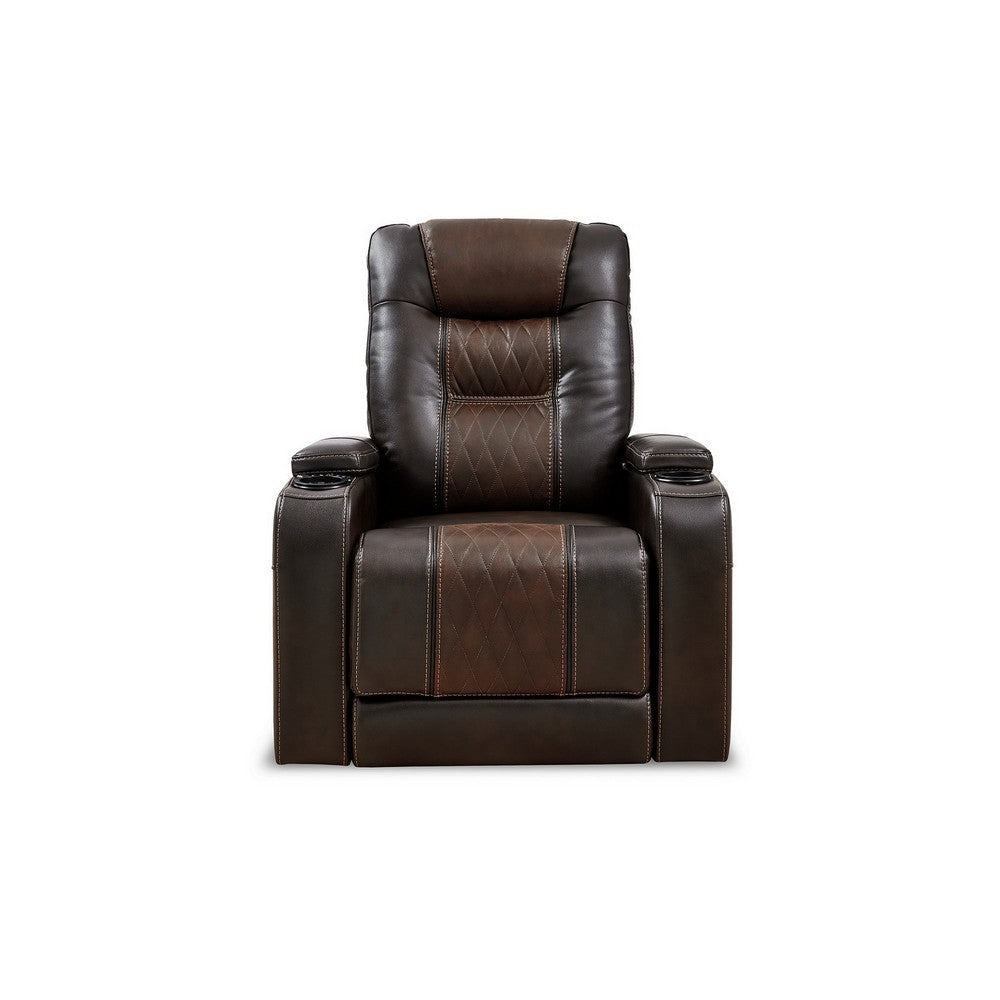 35 Inch Dual Power Recliner Brown Vegan Faux Leather Polyester USB Port By Casagear Home BM299206