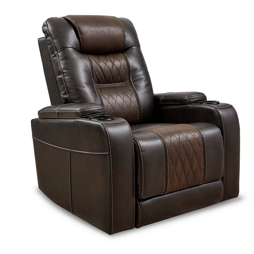 35 Inch Dual Power Recliner, Brown Vegan Faux Leather, Polyester, USB Port By Casagear Home