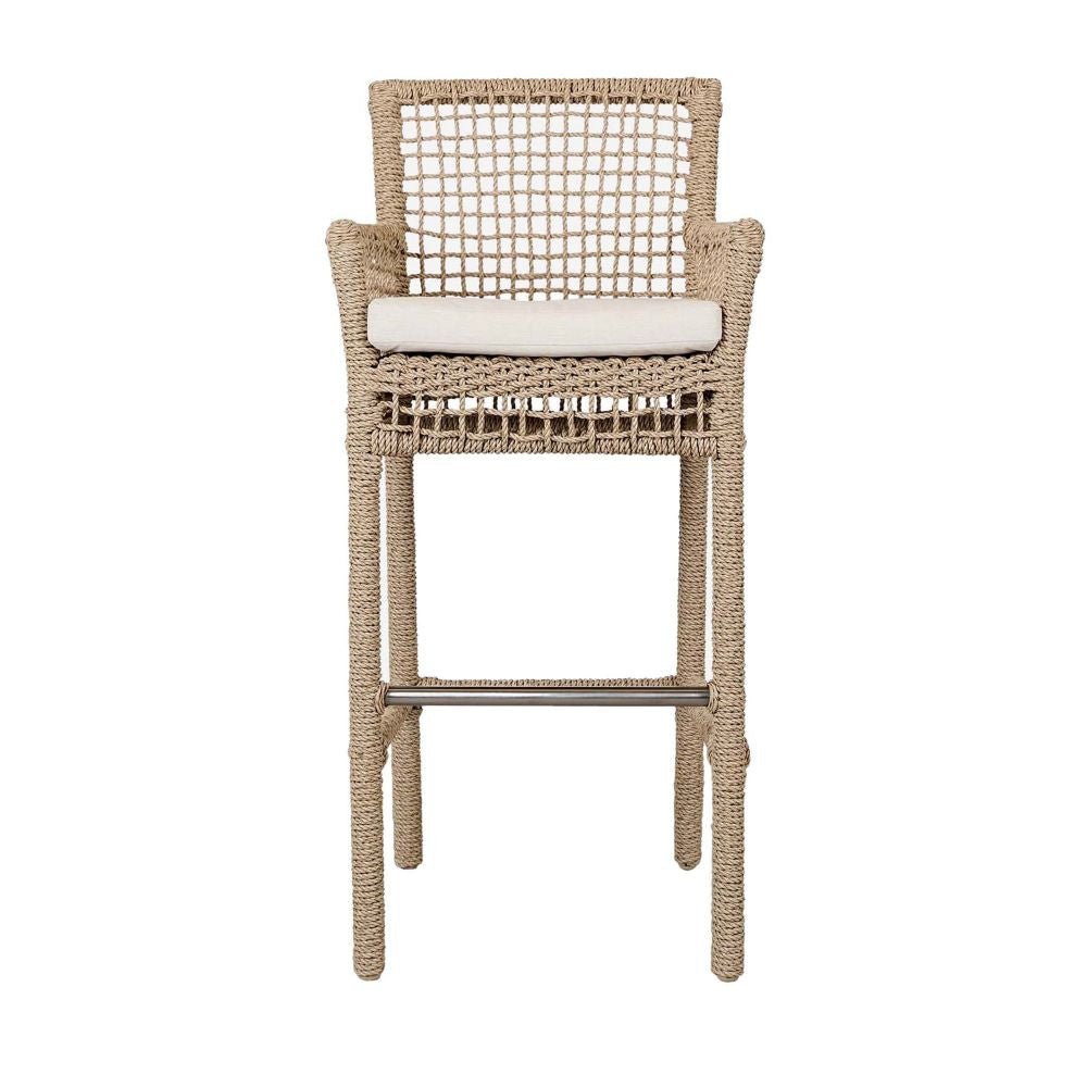 Zev 31 Inch Outdoor Bar Stool Chair Rope Woven Ivory Olefin Fabric Seat By Casagear Home BM299274