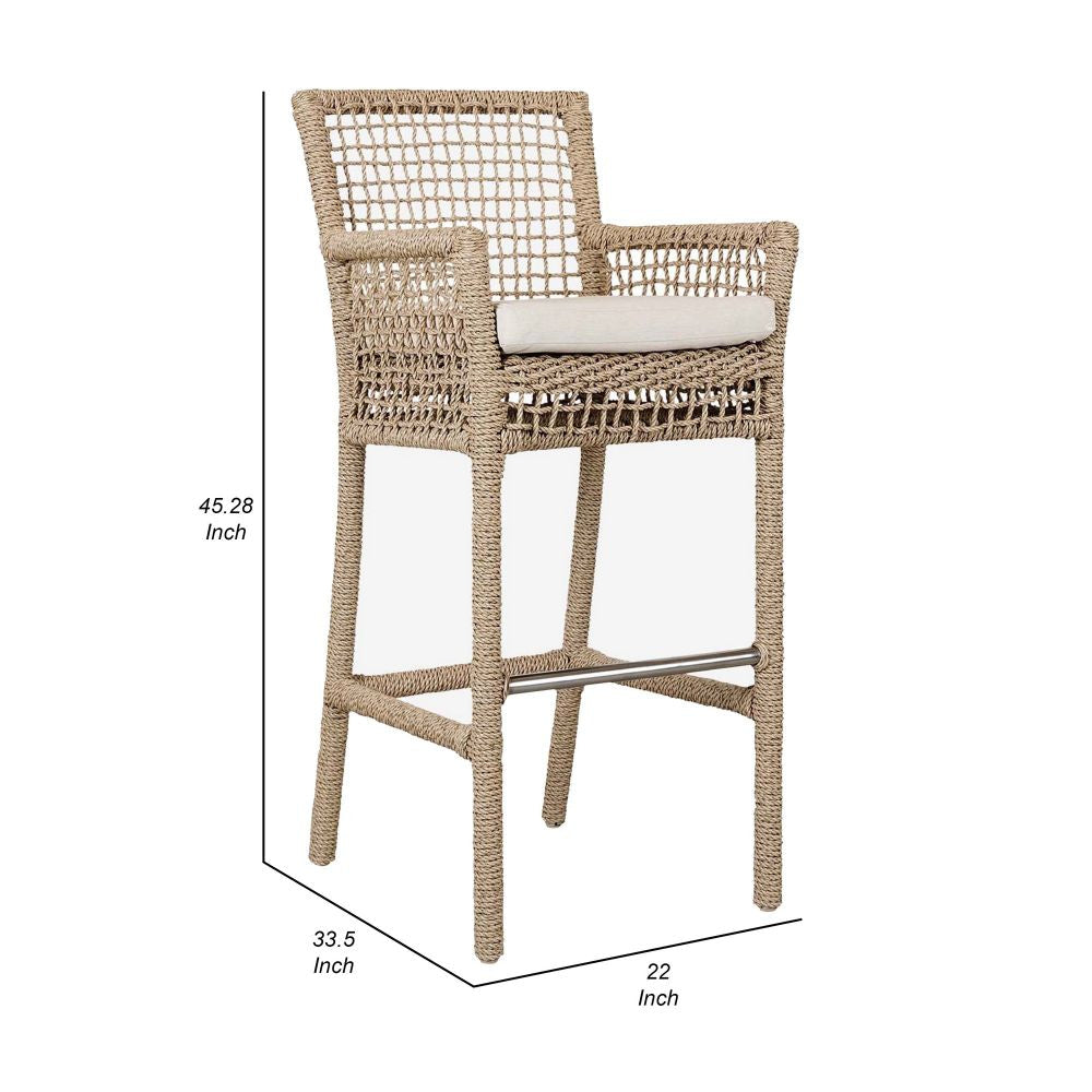 Zev 31 Inch Outdoor Bar Stool Chair Rope Woven Ivory Olefin Fabric Seat By Casagear Home BM299274