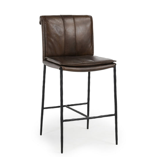 Iva 27 Inch Counter Stool Chair Rolled Back Iron Dark Brown Leather By Casagear Home BM299280