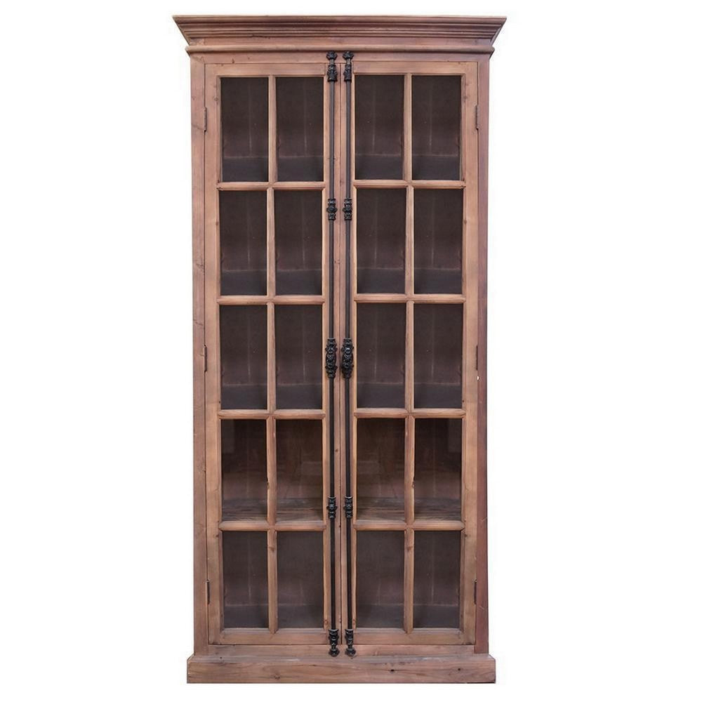 88 Inch Tall Cabinet, 4 Glass Panel French Doors, Crown Molding, Brown By Casagear Home