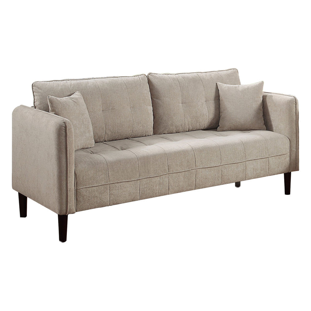 Hak 76 Inch Sofa with Rounded Curved Arms, Biscuit Tufting, Wood Legs, Taupe By Casagear Home