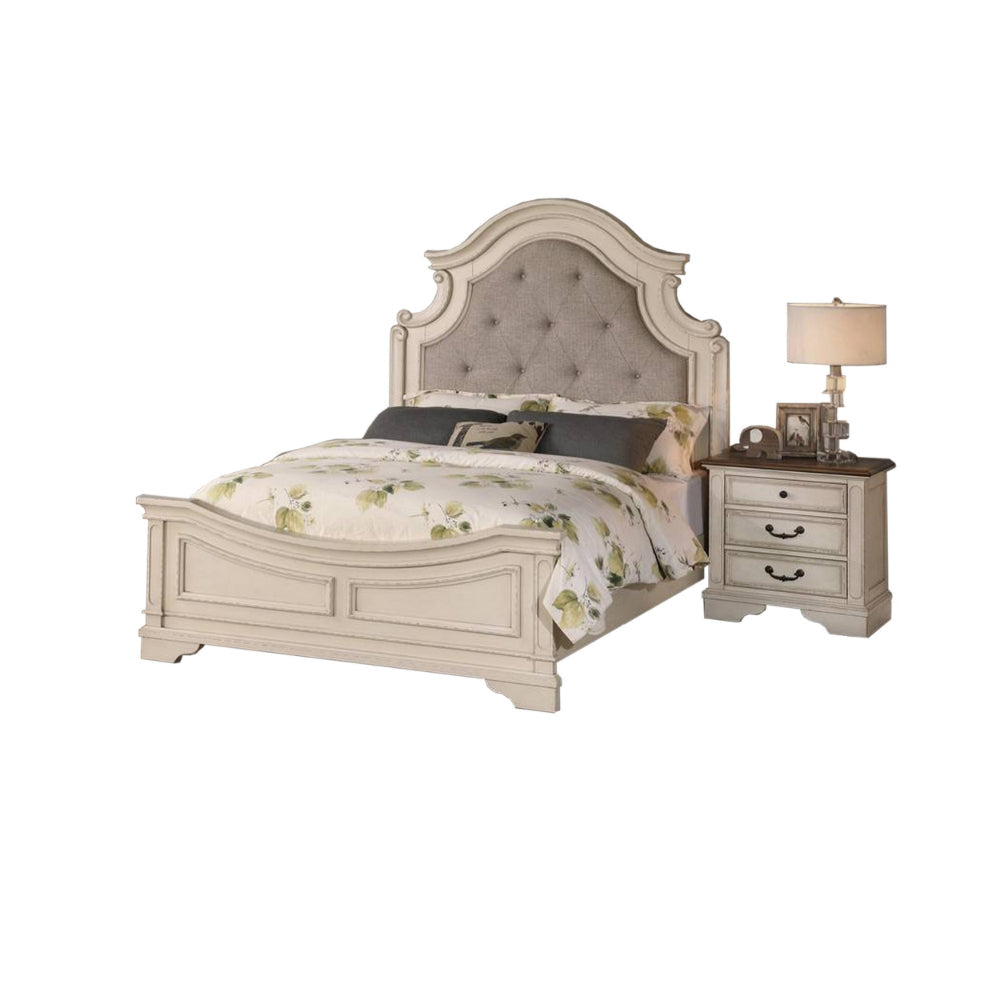 Lupe King Size Bed, Gray Upholstered Scalloped Frame, Antique White Finish By Casagear Home