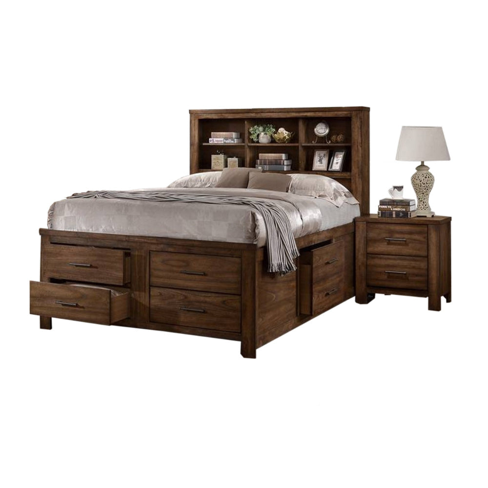 Tiva Wood California King Bed, 6 Drawers, Book Case Frame, Distressed Oak By Casagear Home